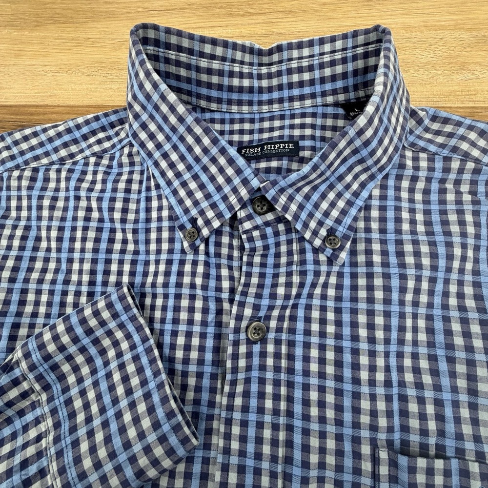Fish Hippie Button Down Shirt Mens Size Large Blue Plaid Solace Stretch